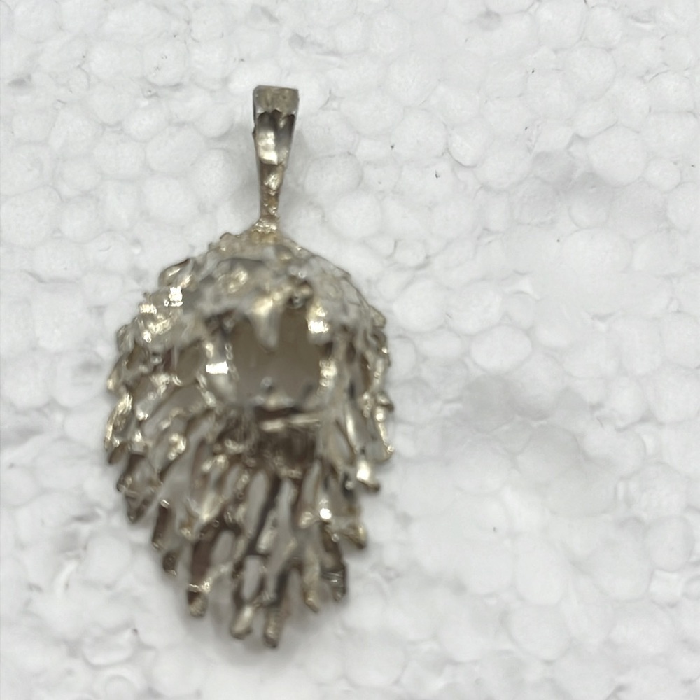Sterling Silver Artisan Lion Head Pendant Diamond Cut Textured Lion Necklace